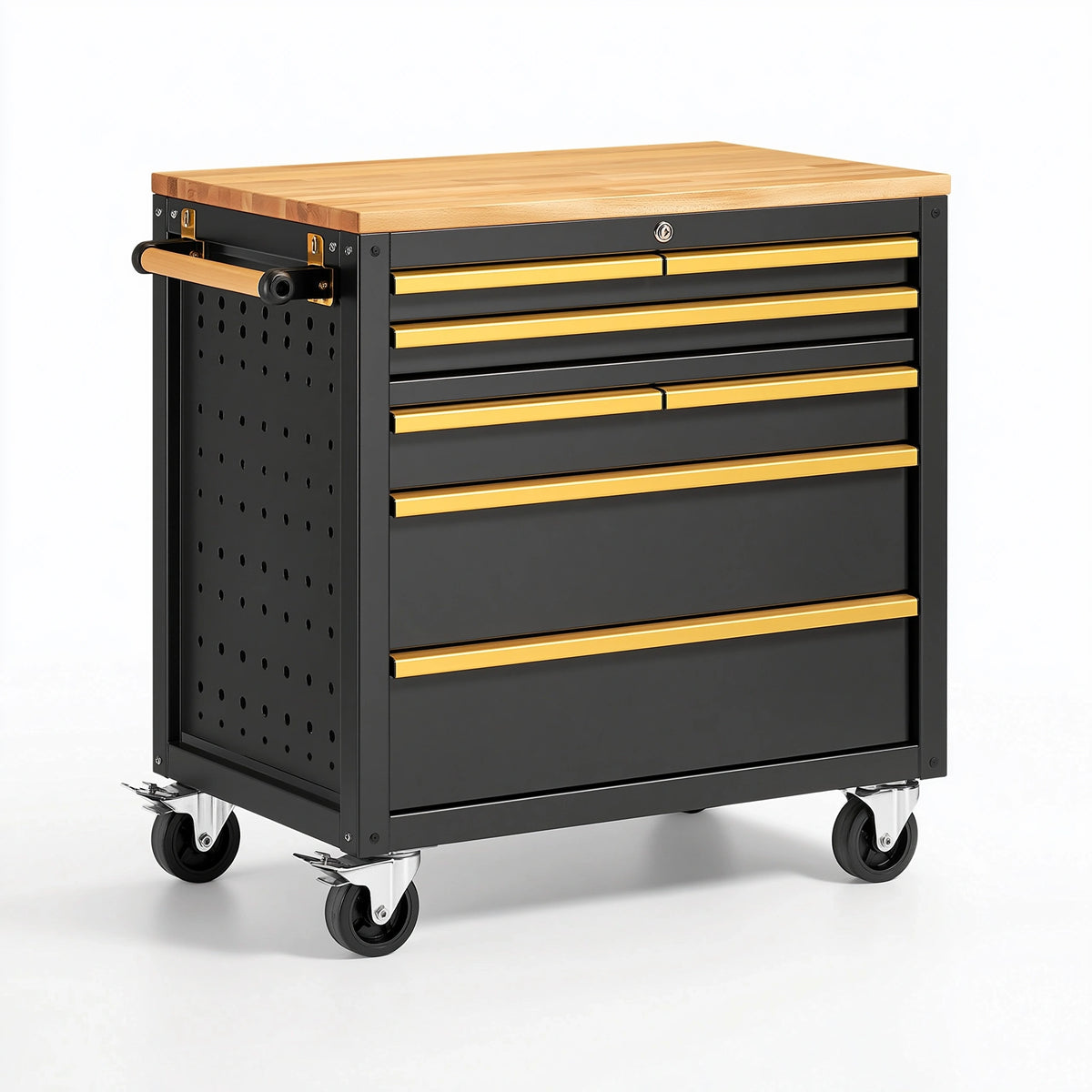 Servante d'atelier 76 x 46 x 95 cm en acier noir avec plateau en bois mobile à 5 tiroirs