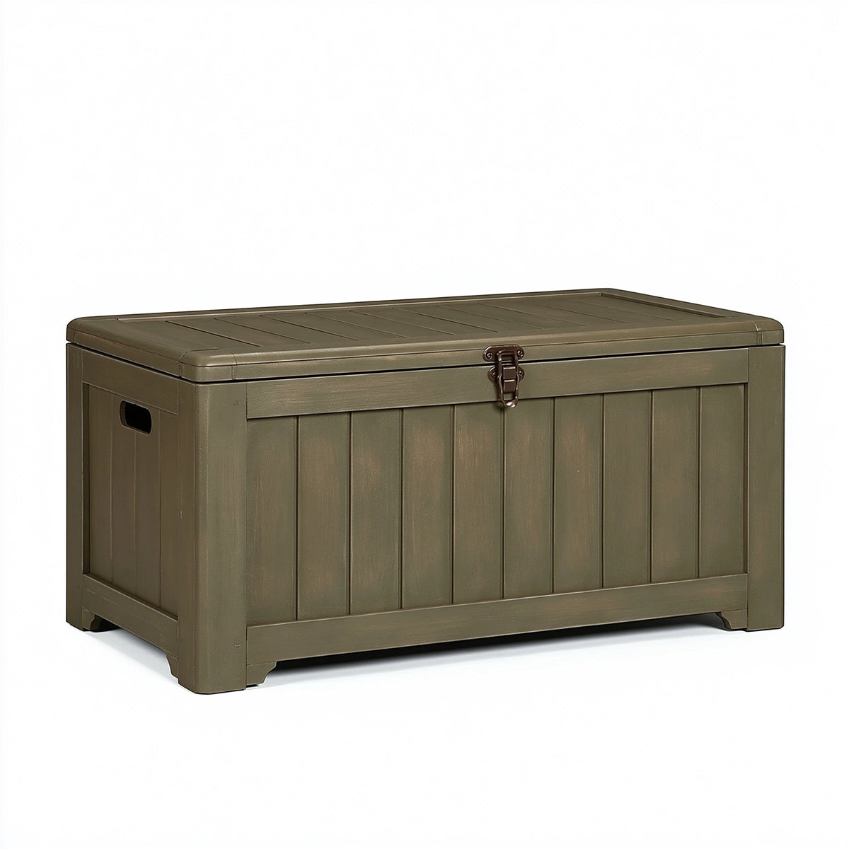 Coffre de rangement 120 x 56 x 63 cm en plastique vert olive avec couvercle et loquet pour extérieur