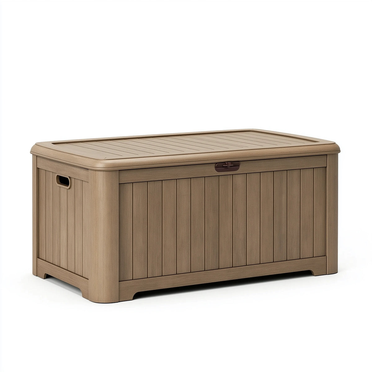 Coffre de rangement extérieur 120 x 55 x 60 cm en résine beige effet bois avec couvercle