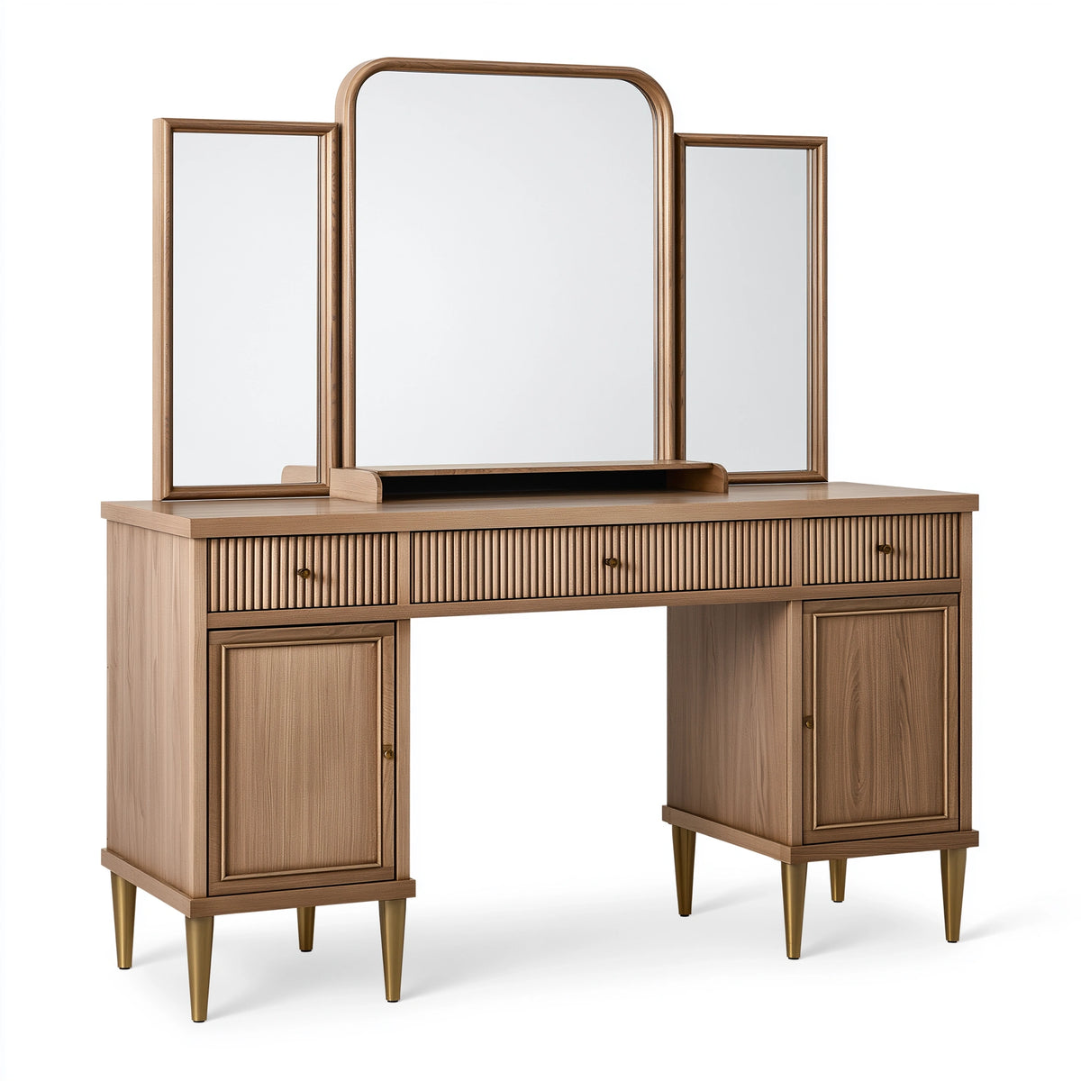 Coiffeuse 150 x 45 x 150 cm en bois marron avec trois miroirs et rangement style rétro
