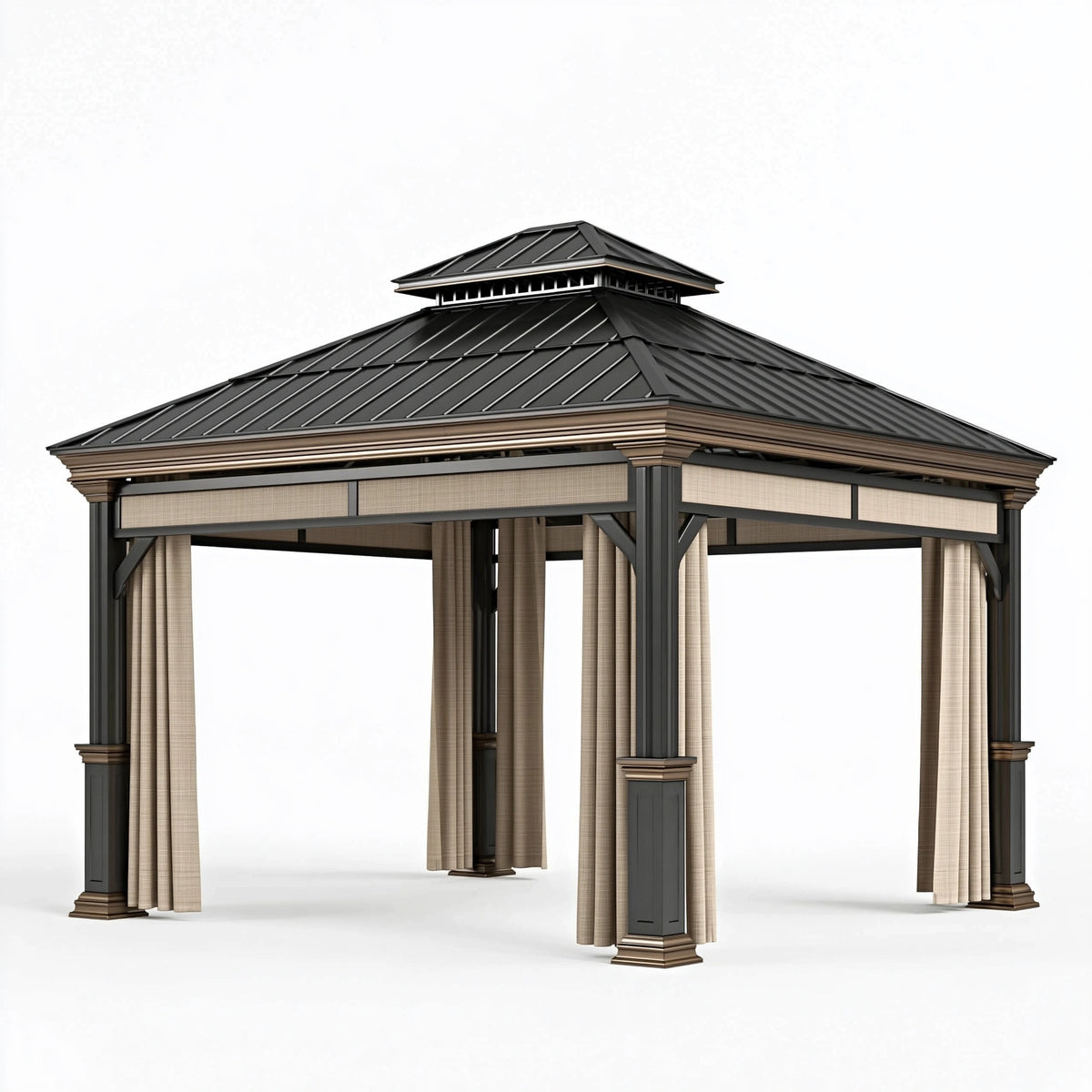 Tonnelle de jardin 400 x 400 x 320 cm en métal noir avec rideaux style pavillon
