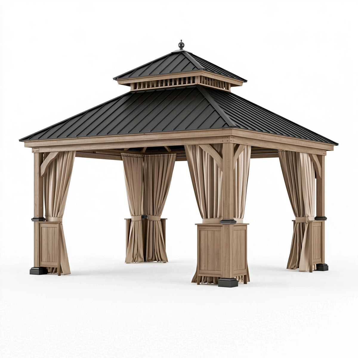 Tonnelle de jardin 300 x 300 cm en bois beige et toit métal noir avec rideaux