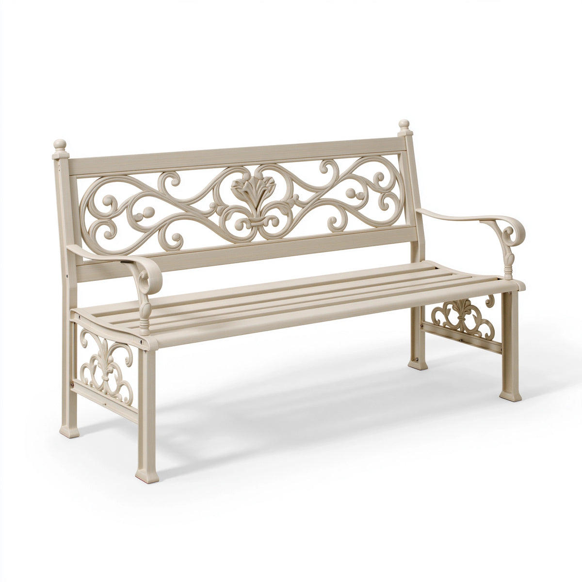 Banc de jardin 124 x 60 x 95 cm en métal crème style romantique à accoudoirs