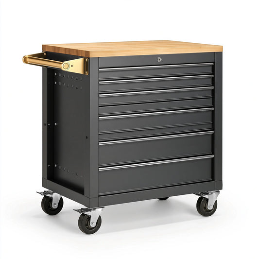 Servante d atelier 78 x 46 x 96 cm en acier noir et bois avec 7 tiroirs sur roulettes style industriel