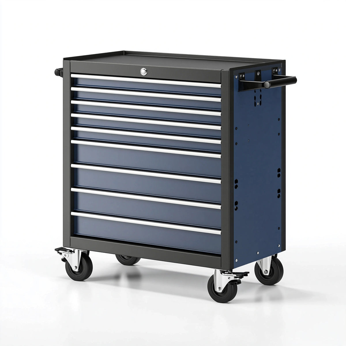 Servante à outils 78 x 46 x 97 cm en acier bleu marine et noir à 8 tiroirs sur roulettes