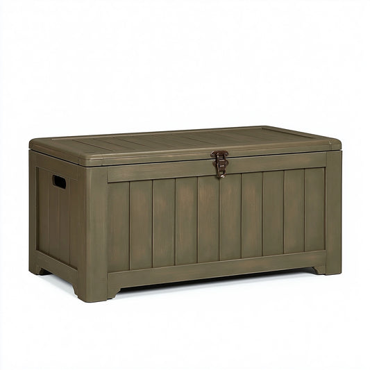 Coffre de rangement 120 x 56 x 63 cm en plastique vert olive avec couvercle et loquet pour extérieur