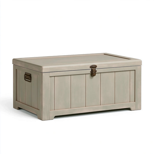 Coffre de rangement 90 x 45 x 50 cm en bois gris avec couvercle style campagne
