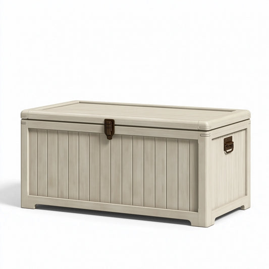 Coffre de rangement extérieur 120 x 60 x 65 cm en résine beige à couvercle verrouillable