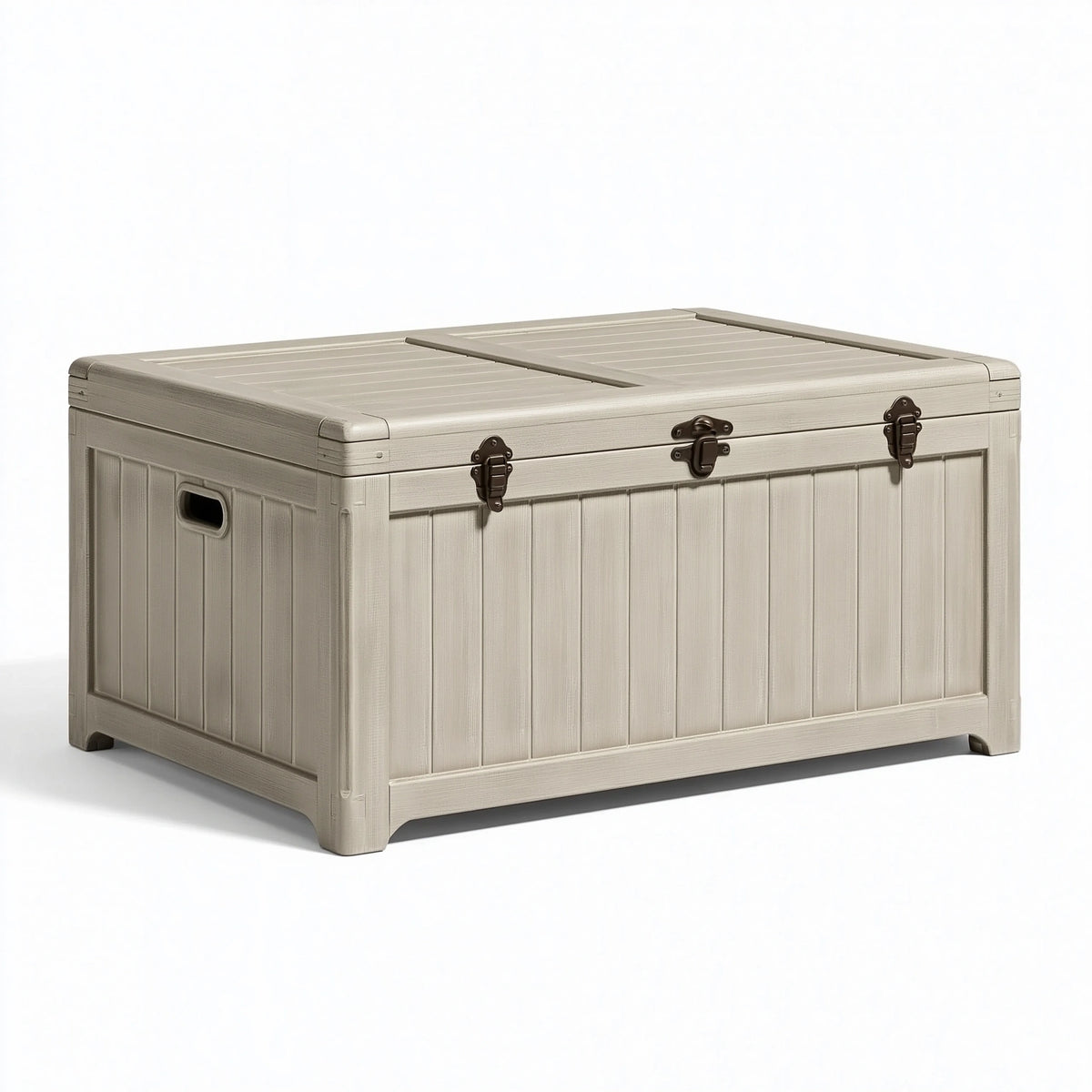 Coffre de rangement 120 x 60 x 65 cm en plastique beige pour extérieur style imitation bois à couvercle