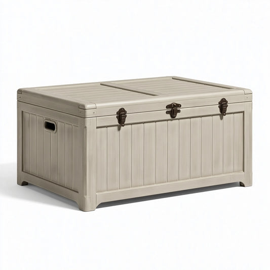 Coffre de rangement 120 x 60 x 65 cm en plastique beige pour extérieur style imitation bois à couvercle