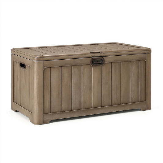 Coffre de rangement 120x55x60 cm en résine marron pour extérieur avec couvercle