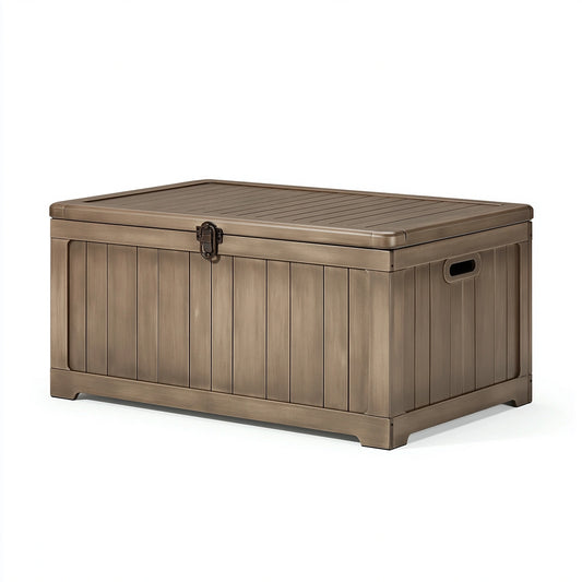 Coffre de rangement extérieur 120 cm en résine taupe avec couvercle verrouillable