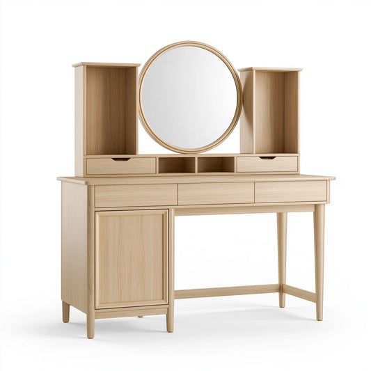 Coiffeuse 120 x 45 x 150 cm en bois beige avec miroir et rangements style classique