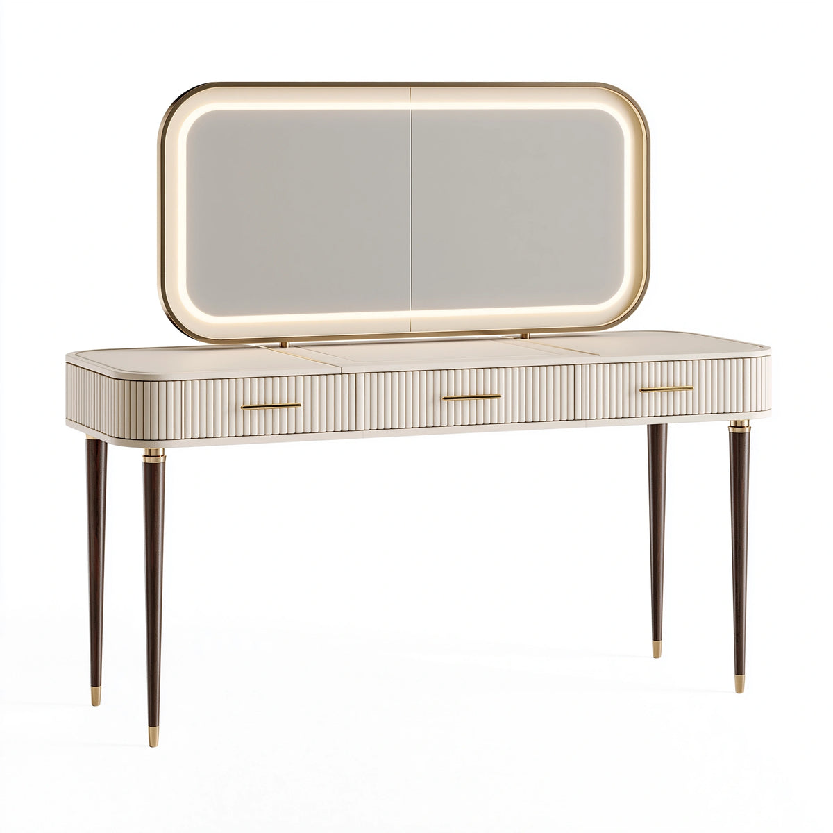 Coiffeuse 140 x 45 x 145 cm en bois blanc avec miroir éclairé et trois tiroirs style contemporain