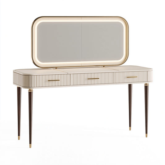 Coiffeuse 140 x 45 x 145 cm en bois blanc avec miroir éclairé et trois tiroirs style contemporain