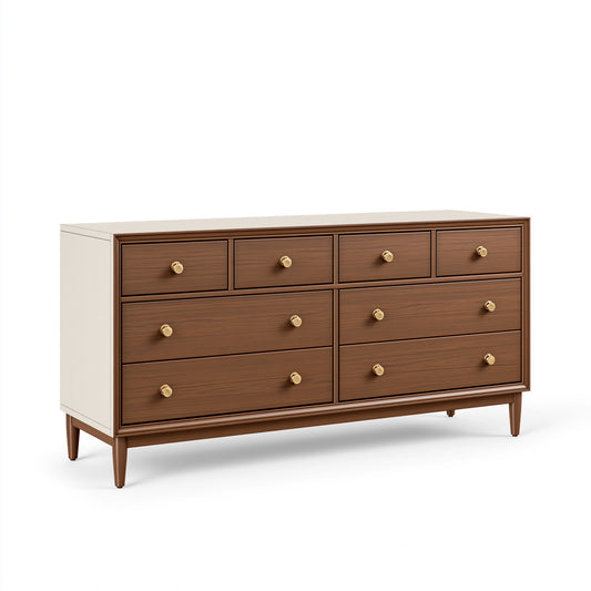 Commode 160 x 45 x 95 cm aspect bois brun et crème à 8 tiroirs style classique
