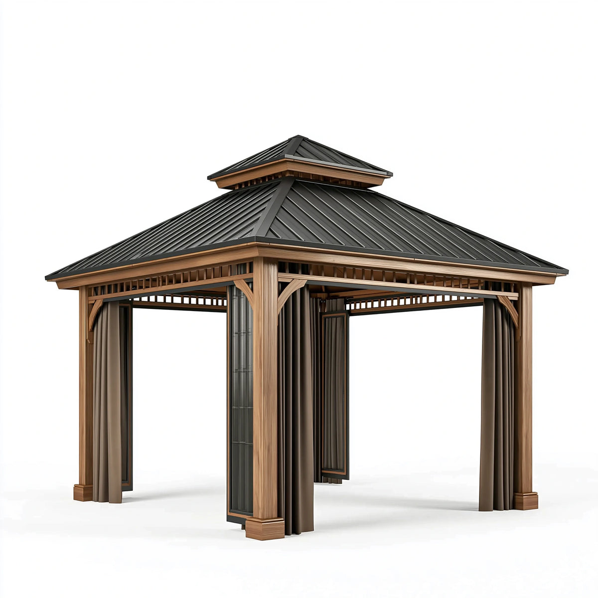 Tonnelle de jardin 400 x 400 cm bois brun toit métal noir style pavillon