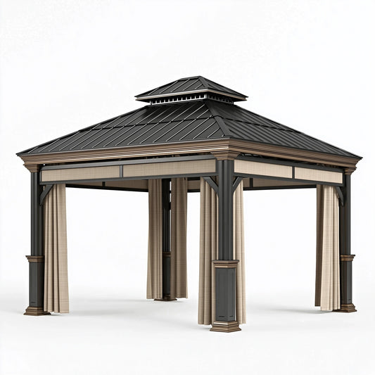 Tonnelle de jardin 400 x 400 x 320 cm en métal noir avec rideaux style pavillon