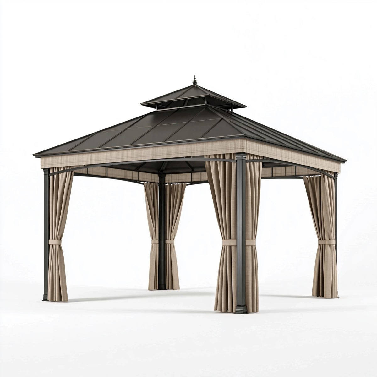 Tonnelle de jardin 300 x 300 cm en métal noir avec rideaux beiges et toit double