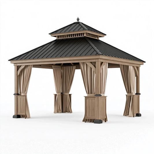 Tonnelle de jardin 300 x 300 cm en bois beige et toit métal noir avec rideaux