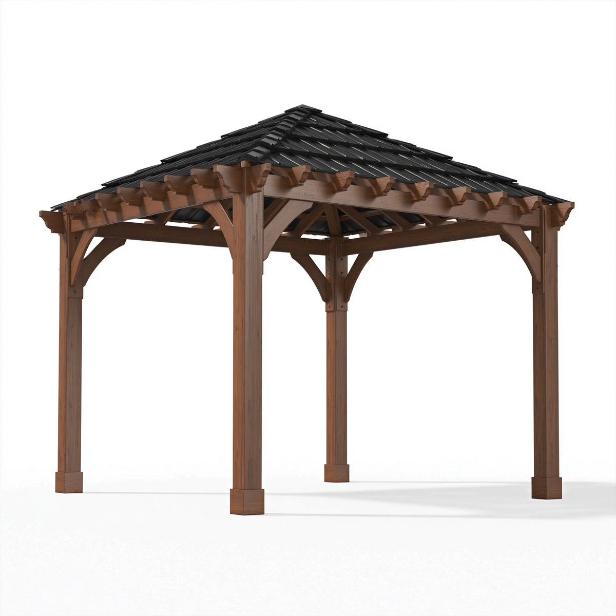 Pavillon de jardin 400 x 400 cm en bois marron avec toiture noire - Abri extérieur à toit pyramidal