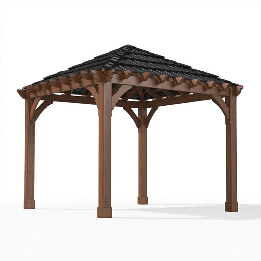 Pavillon de jardin 400 x 400 cm en bois marron avec toiture noire - Abri extérieur à toit pyramidal