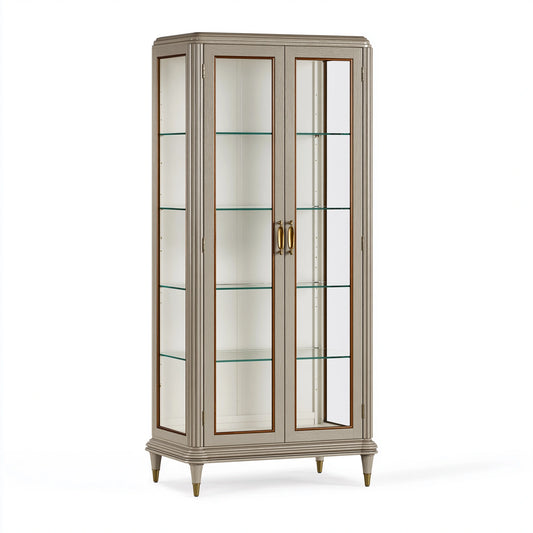 Vitrine 100 x 45 x 190 cm en bois gris taupe et verre - rangement classique