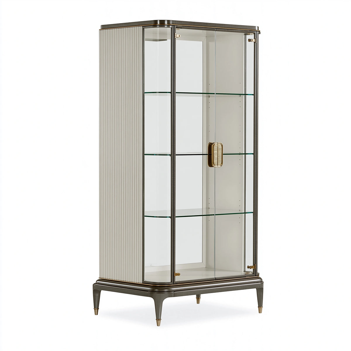 Vitrine 100 x 45 x 180 cm en verre gris blanc et doré avec étagères style Art déco