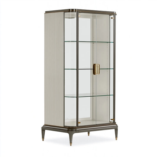 Vitrine 100 x 45 x 180 cm en verre gris blanc et doré avec étagères style Art déco
