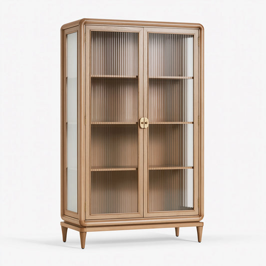 Vitrine 100 x 45 x 180 cm en bois marron clair avec verre strié style vintage