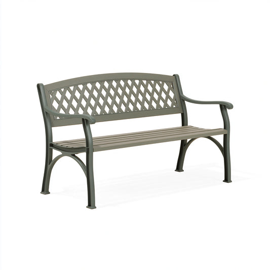 Banc de jardin 120 x 60 x 80 cm en résine gris vert à dossier ajouré