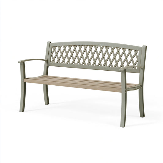 Banc de jardin 122 cm en métal gris avec dossier ajouré style classique